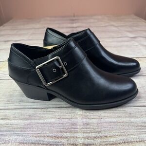 Berlyn‎ Black Buckle Ankle Booties Size 9.5M Faux Leather Low Heel Shoes